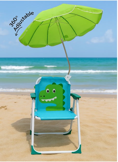 Kids’ Foldable Beach & Camping Chair with 360° Adjustable Umbrella – Lightweight, Portable Outdoor Seat for Sun Protection – Dinosaur Green