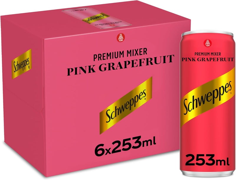 Schweppes Pink Grapefruit Premium Sparkling Drink, 6 Cans of 253ml - Image 1