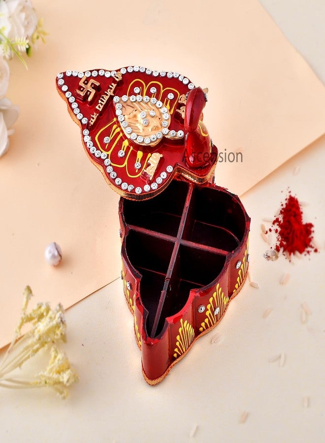 أسينشين علبة تيكا تشوبرا خشبية على شكل طاووس مزينة بالمينا/الكومكوم من أسينشن هاندفراكتس، مع أرز وأكشات وكركم، هدية مثالية ولأغراض الزينة في الطقوس الدينية. - Image 3