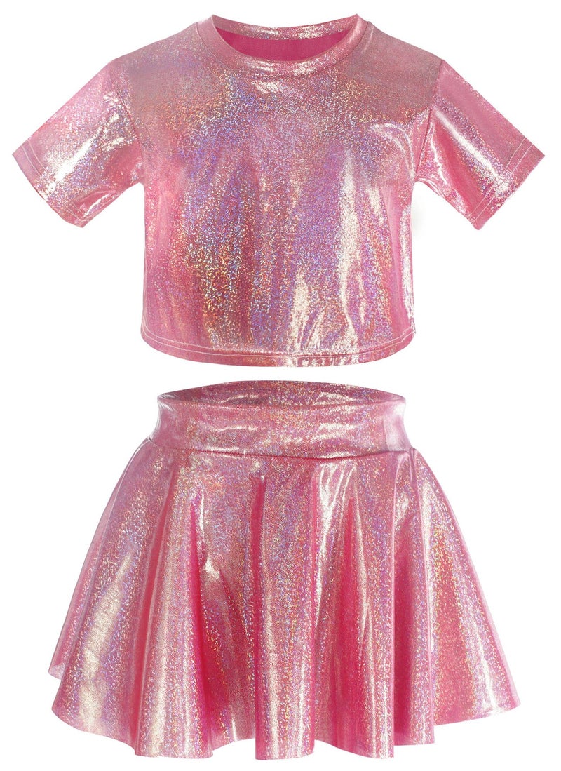 Happy Cherry Kids Sequin Hip Hop Dance Outfit Boys Elastic Dance Costume Girls Crop Top and Skirt Set Pink 6T - Image 1