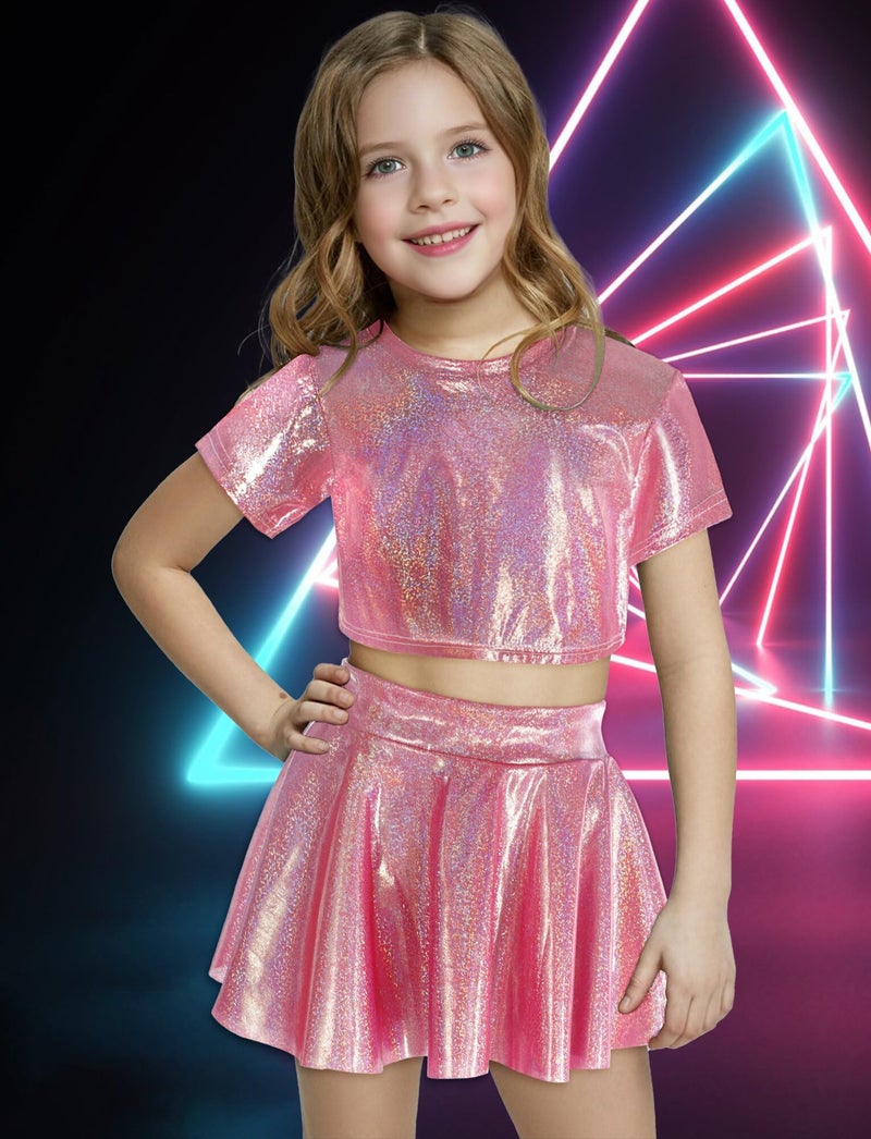Happy Cherry Kids Sequin Hip Hop Dance Outfit Boys Elastic Dance Costume Girls Crop Top and Skirt Set Pink 6T - Image 5