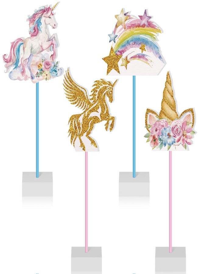 Shellwei 4 Pcs Unicorn Table Decorations - Rainbow Centerpieces for Tables, Wooden Unicorn Centerpieces for Birthday Party, Princess Girls Baby Shower Party Supplies Photo Props - Image 1