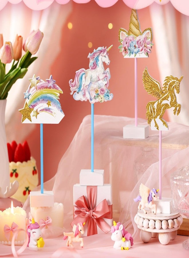 Shellwei 4 Pcs Unicorn Table Decorations - Rainbow Centerpieces for Tables, Wooden Unicorn Centerpieces for Birthday Party, Princess Girls Baby Shower Party Supplies Photo Props - Image 2