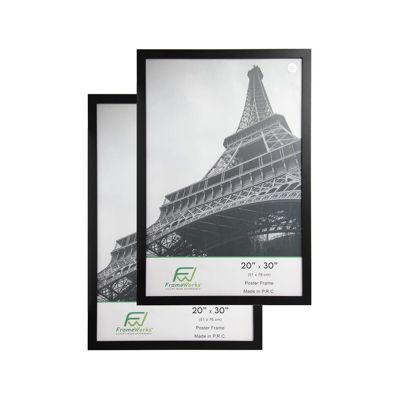 FrameWorks 20x30 Wooden Poster Frame Classic Black Matte Edged Frames wShatterproof Acrylic Glass Photos Posters Prints Wall Decor  Home Office Gallery Display  Black  2 Pack