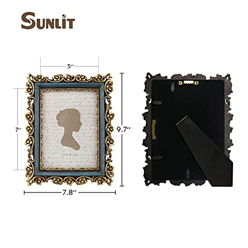 Sunlit Vintage Picture Frame 5x7 Inch, Luxury Antique Photo Frames with Glass Front, Photo Display, Tabletop Wall Hanging, Gift Ideas, Gold and Blue - Image 2