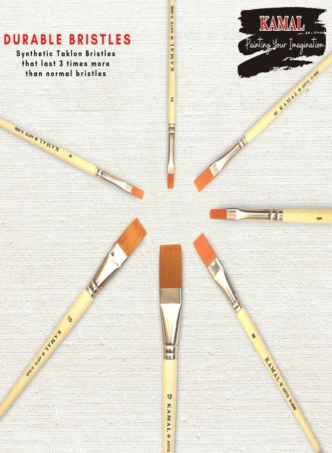 KAMAL Flat Cream Artist Quality Painting Brush Taklon/Synthetic Brush for Oil, Nail, Artist Acrylic Painting Set of 7 - Image 3