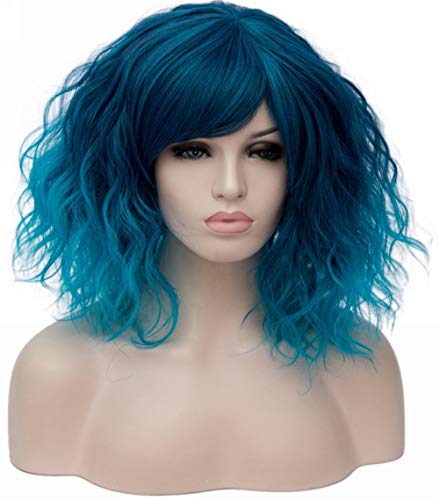ONEUSTAR Blue Wig with Bangs Short Wavy Bob Wig Teal Wig Synthetic Cosplay Wig for Halloween Costume Party Fancy Dress Colored Wigs 14 Inches - Image 1