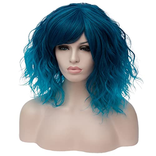 ONEUSTAR Blue Wig with Bangs Short Wavy Bob Wig Teal Wig Synthetic Cosplay Wig for Halloween Costume Party Fancy Dress Colored Wigs 14 Inches - Image 2