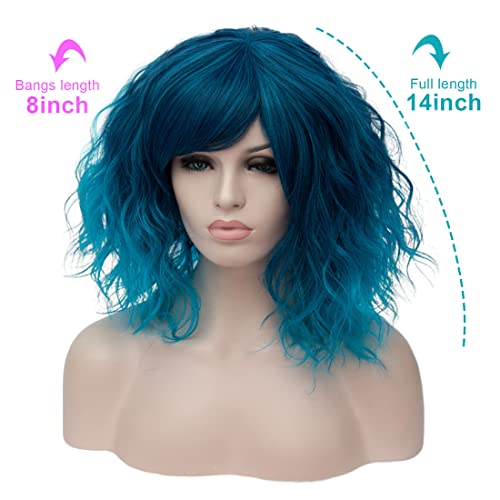 ONEUSTAR Blue Wig with Bangs Short Wavy Bob Wig Teal Wig Synthetic Cosplay Wig for Halloween Costume Party Fancy Dress Colored Wigs 14 Inches - Image 4