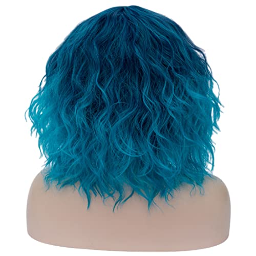 ONEUSTAR Blue Wig with Bangs Short Wavy Bob Wig Teal Wig Synthetic Cosplay Wig for Halloween Costume Party Fancy Dress Colored Wigs 14 Inches - Image 3