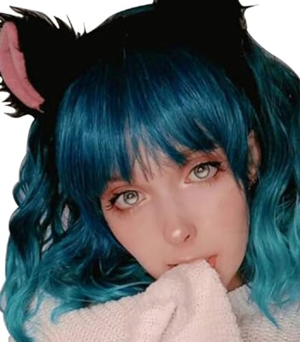 ONEUSTAR Blue Wig with Bangs Short Wavy Bob Wig Teal Wig Synthetic Cosplay Wig for Halloween Costume Party Fancy Dress Colored Wigs 14 Inches - Image 5