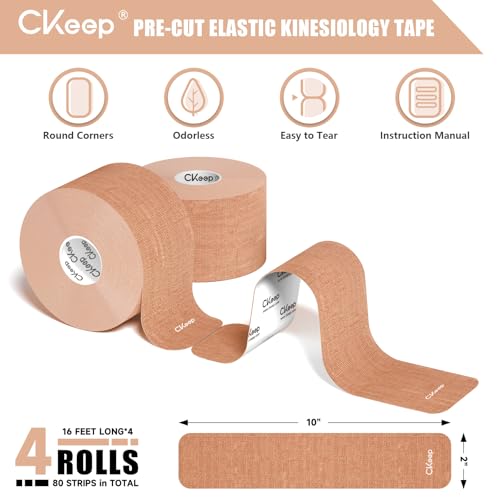 CKeep 4 Rolls Kinesiology Tape, Original Cotton Elastic Athletic Tape, 20 Precut 10" Strips Each, Beige, Ideal for Muscle Support & Injury Prevention - Image 2