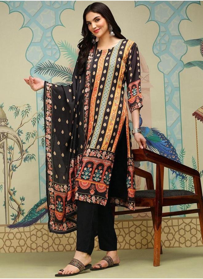 ISHIN Printed Round Neck Kurta and Trousers with Dupatta Set by Styli  - Image 4