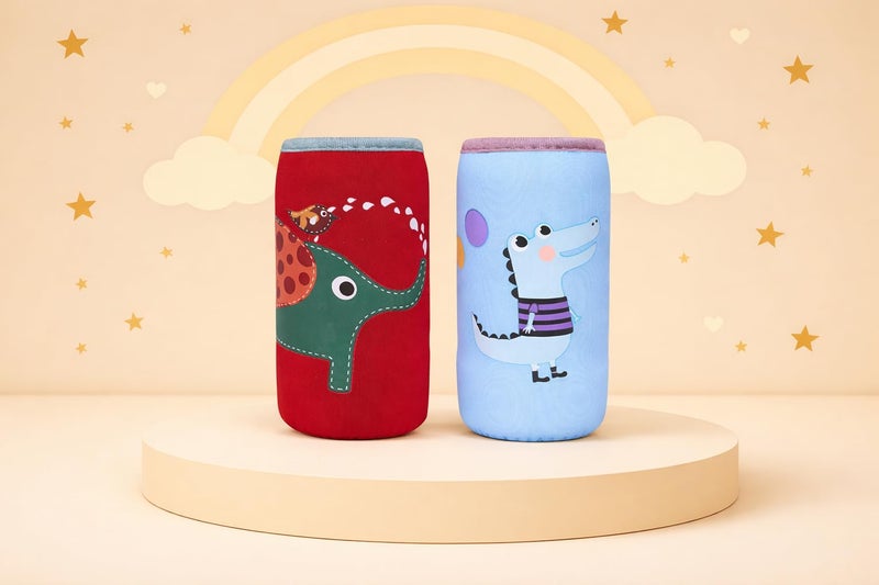 Alya The Cheeky Kidzz Soft Reusable Baby Feeding Bottle Cover Sleeve Animal Printed Suitable for 120ml 150ml 220ml 240ml Slim Neck Milk Feeder Bottles (Pack of 2) (Crocodile-ELEPHNAT) - Image 1