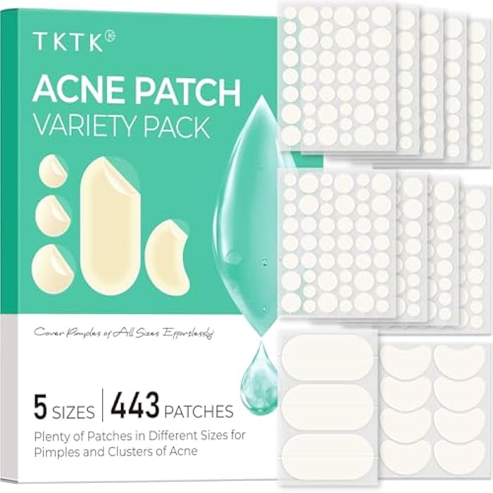 TKTK 443 Count Pimple Patches for Face, Hydrocolloid Acne Patch Bulk, Acne Stickers for Covering Cheeks, Forehead, Chin Blemishes Zit Breakouts for All Skin Types (Dots, Strip, Contoured 5 Sizes) - Image 1