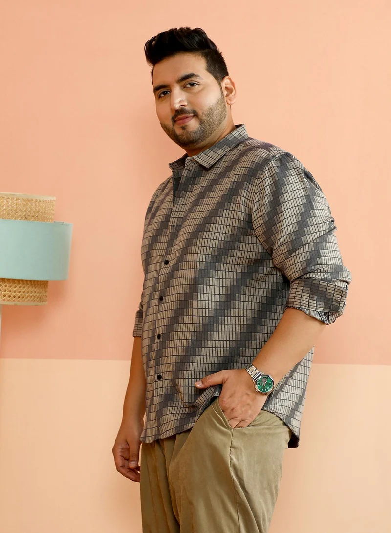 Instafab Plus Instafab Plus Men's Grey & Beige Gradient-Slant Woven Shirt For Casual Wear | Spread Collar | Long Cuffed Sleeves | Button Closure | Plus Size Shirt Crafted With Comfort Fit For Everyday Wear