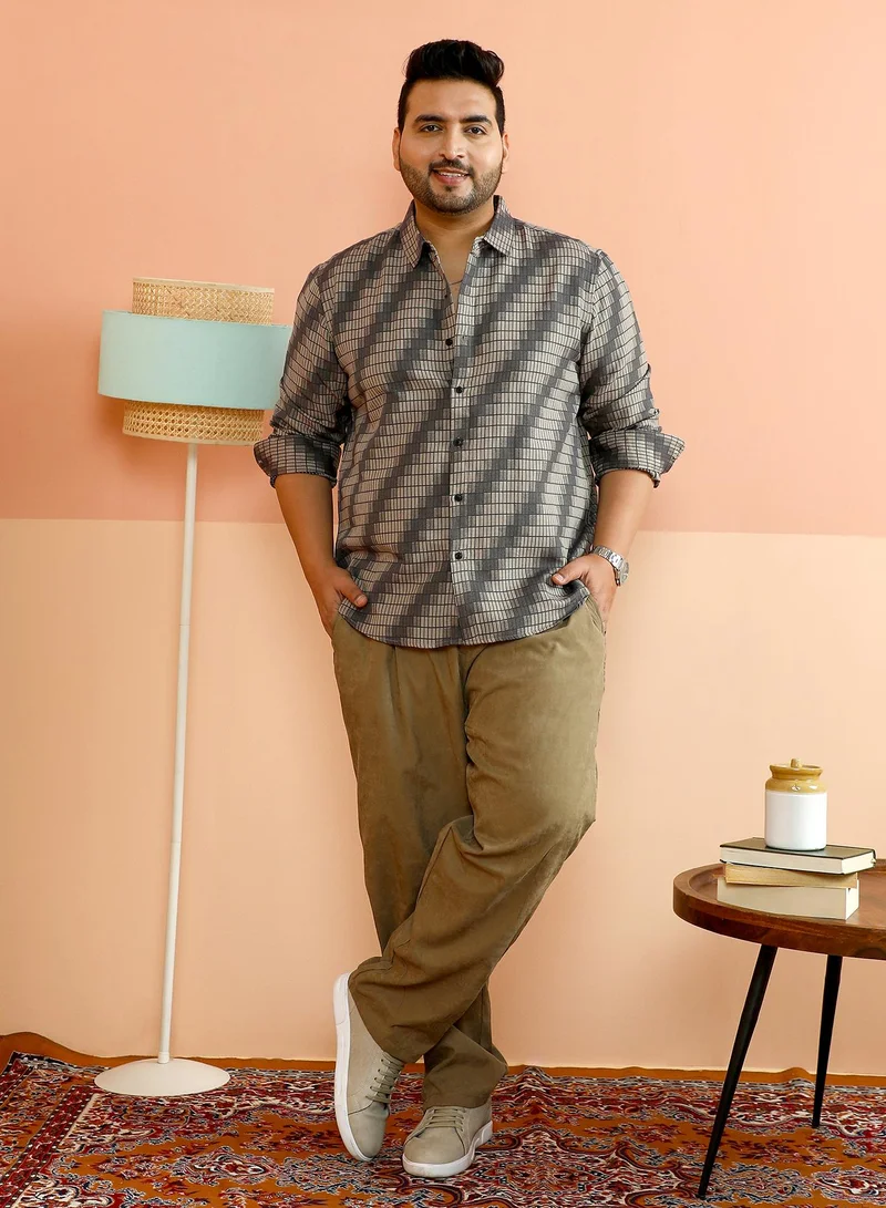 Instafab Plus Instafab Plus Men's Grey & Beige Gradient-Slant Woven Shirt For Casual Wear | Spread Collar | Long Cuffed Sleeves | Button Closure | Plus Size Shirt Crafted With Comfort Fit For Everyday Wear