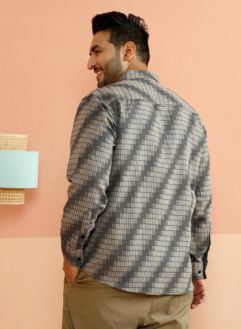 Instafab Plus Instafab Plus Men's Grey & Beige Gradient-Slant Woven Shirt For Casual Wear | Spread Collar | Long Cuffed Sleeves | Button Closure | Plus Size Shirt Crafted With Comfort Fit For Everyday Wear