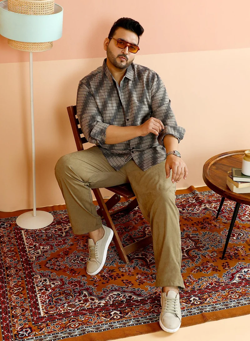 Instafab Plus Instafab Plus Men's Grey & Beige Gradient-Slant Woven Shirt For Casual Wear | Spread Collar | Long Cuffed Sleeves | Button Closure | Plus Size Shirt Crafted With Comfort Fit For Everyday Wear
