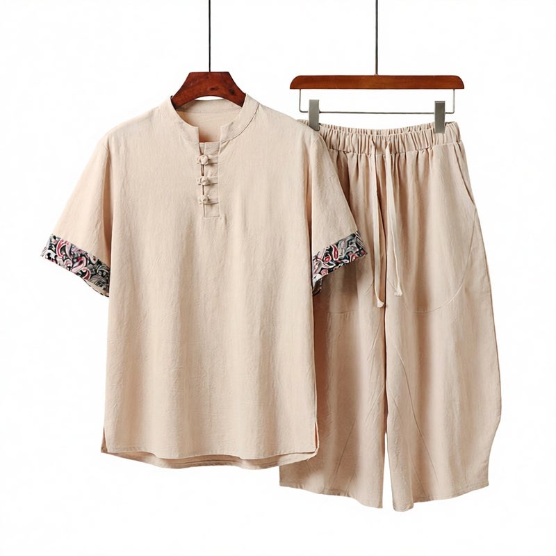 Loose Fit Plus Size Men's Cotton Linen Short Sleeve T-Shirt and Shorts Two-Piece Set - Image 1