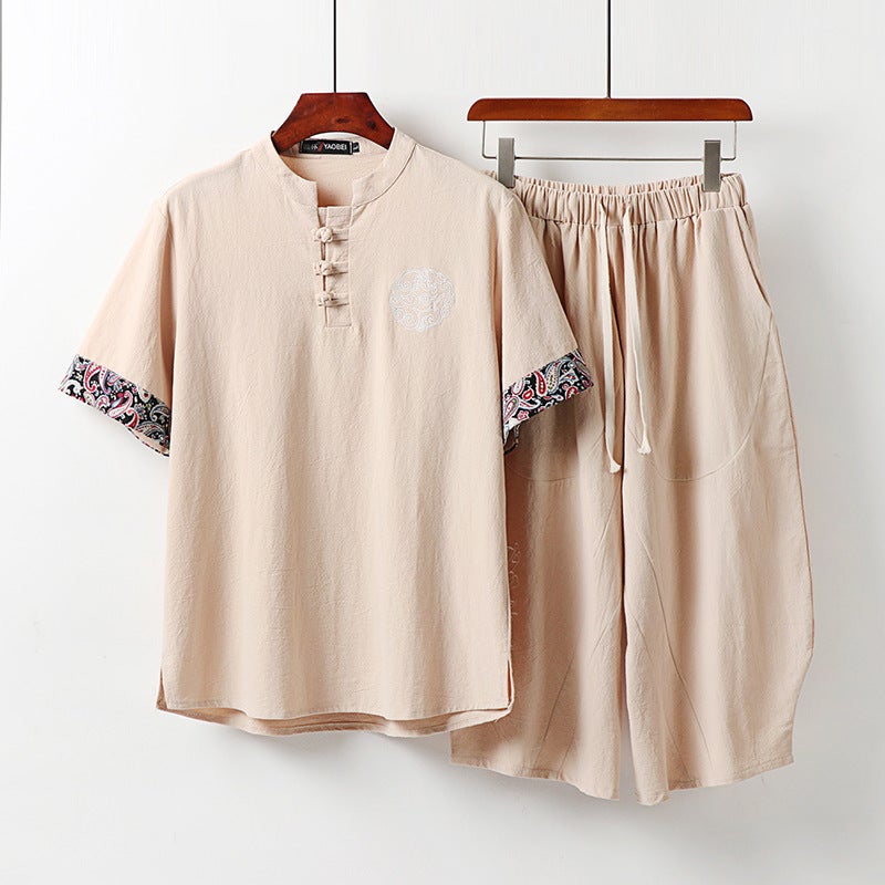 Loose Fit Plus Size Men's Cotton Linen Short Sleeve T-Shirt and Shorts Two-Piece Set - Image 2