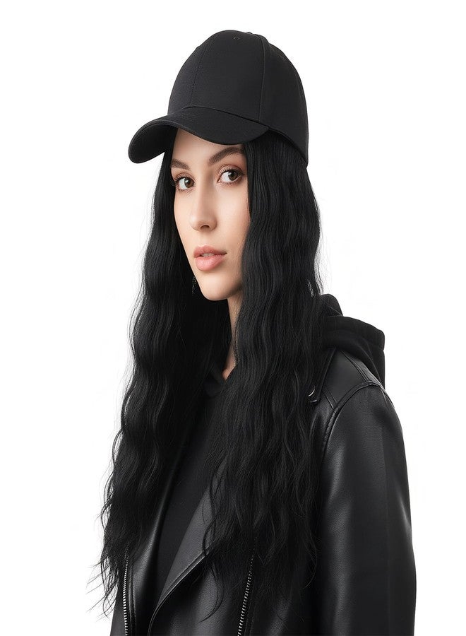 BXT Black Baseball Cap Wig Hat with Hair Extensions Adjustable Hat Attached 24" Long Wavy Hairpieces Synthetic Wig Long Curly Wave Hairpiece Hats for Women Girls Daily Use - Image 2