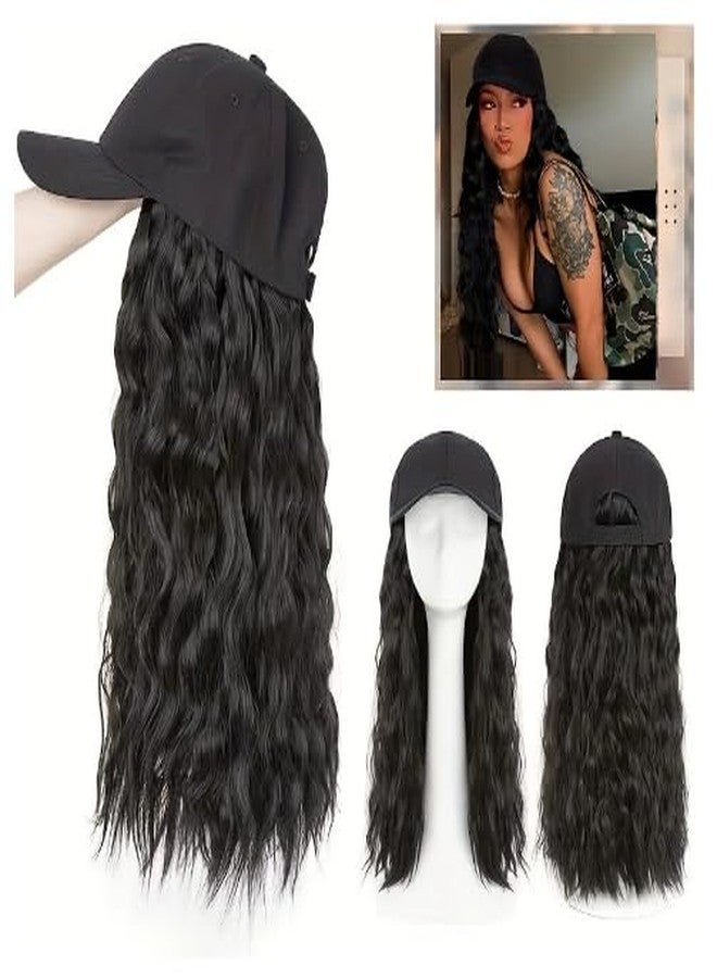 BXT Black Baseball Cap Wig Hat with Hair Extensions Adjustable Hat Attached 24" Long Wavy Hairpieces Synthetic Wig Long Curly Wave Hairpiece Hats for Women Girls Daily Use - Image 1
