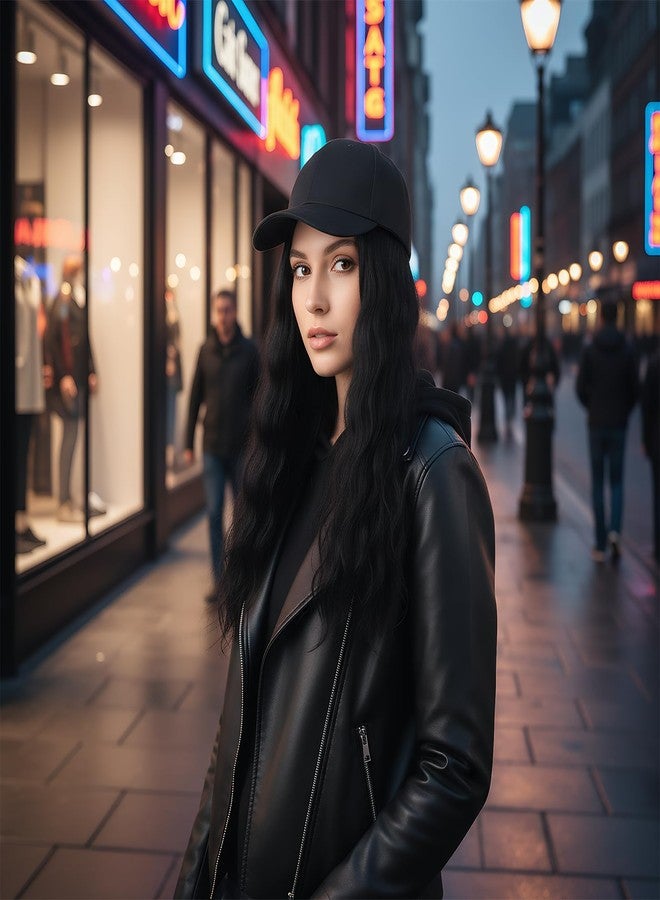 BXT Black Baseball Cap Wig Hat with Hair Extensions Adjustable Hat Attached 24" Long Wavy Hairpieces Synthetic Wig Long Curly Wave Hairpiece Hats for Women Girls Daily Use - Image 3