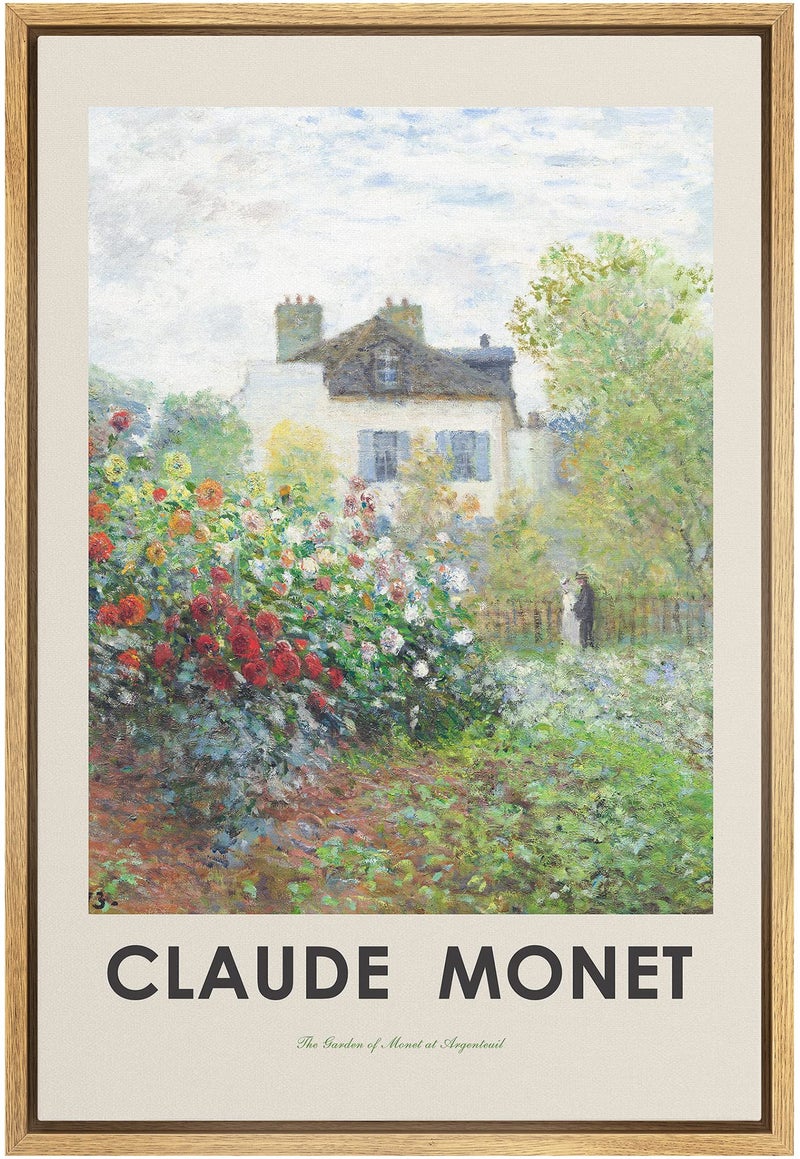 IDEA4WALL Framed Canvas Print Wall Art The Artists Garden in Argenteuil by Claude Monet Historic Cultural Illustrations Fine Art Colorful for Living Room Bedroom Office  16x24 Natural