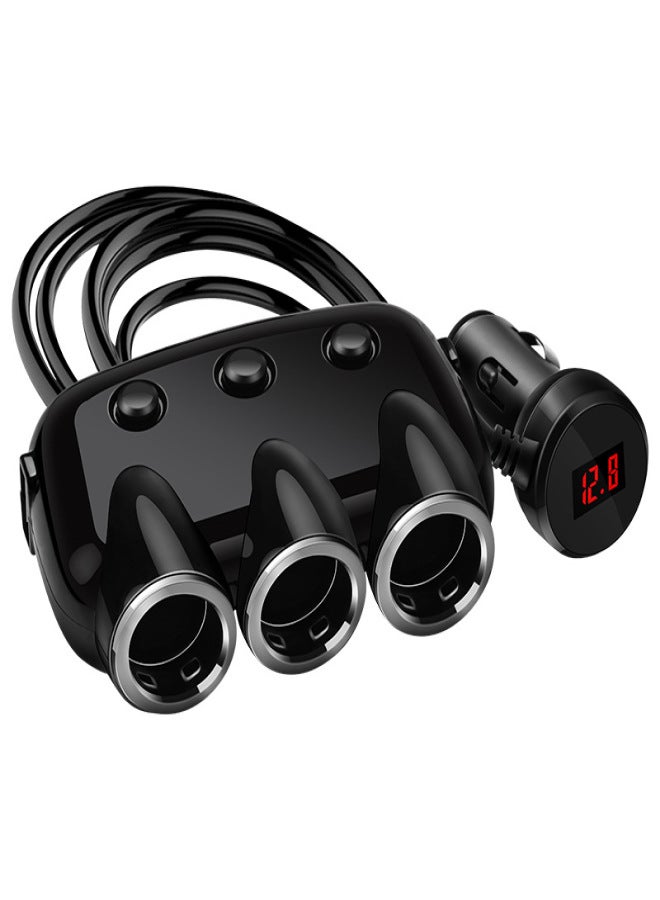 New car dual port usb with cable with switch car lighter one point three one drag three mobile phone charging car charger One-to-three car charger digital voltage display car charger black color(with packaging) - Image 1