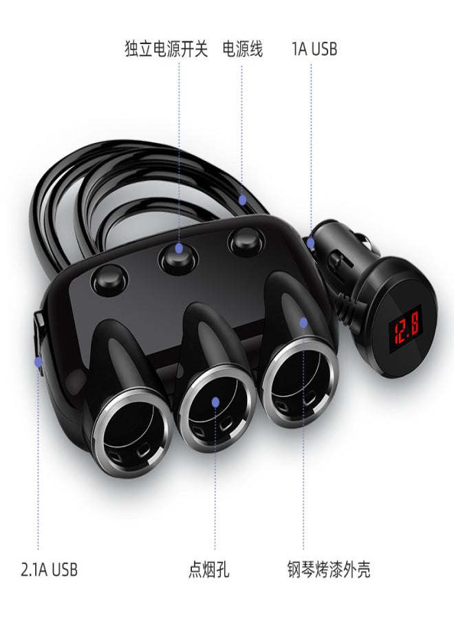 New car dual port usb with cable with switch car lighter one point three one drag three mobile phone charging car charger One-to-three car charger digital voltage display car charger black color(with packaging) - Image 2