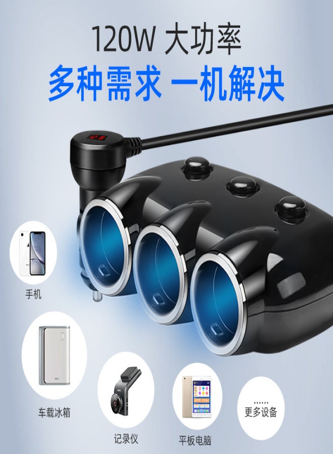 New car dual port usb with cable with switch car lighter one point three one drag three mobile phone charging car charger One-to-three car charger digital voltage display car charger black color(with packaging) - Image 4