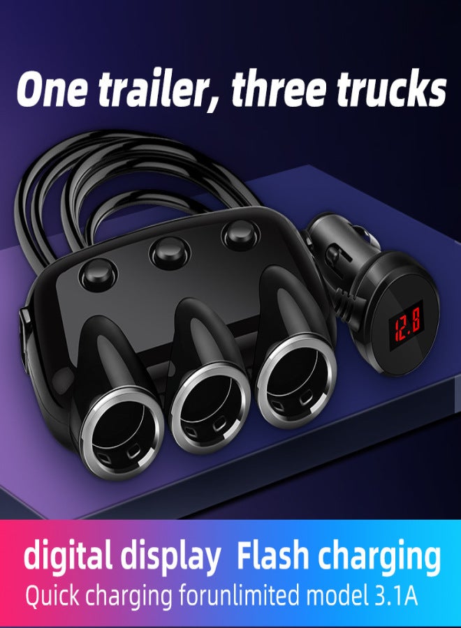 New car dual port usb with cable with switch car lighter one point three one drag three mobile phone charging car charger One-to-three car charger digital voltage display car charger black color(with packaging) - Image 5