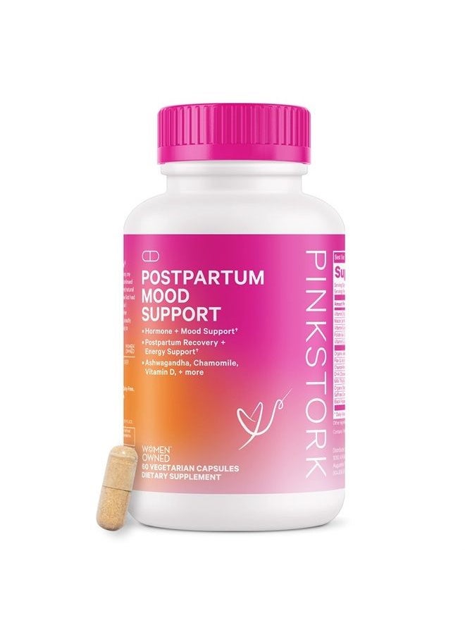 Pink Stork Postpartum Mood Support Supplement with Ashwagandha, Vitamin D and Vitamin B12, Postnatal Vitamins to Support Hormone Balance for Women, Postpartum Essentials - 60 Capsules  - Image 1