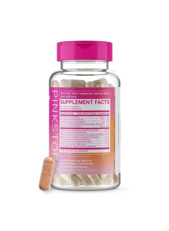Pink Stork Postpartum Mood Support Supplement with Ashwagandha, Vitamin D and Vitamin B12, Postnatal Vitamins to Support Hormone Balance for Women, Postpartum Essentials - 60 Capsules  - Image 3