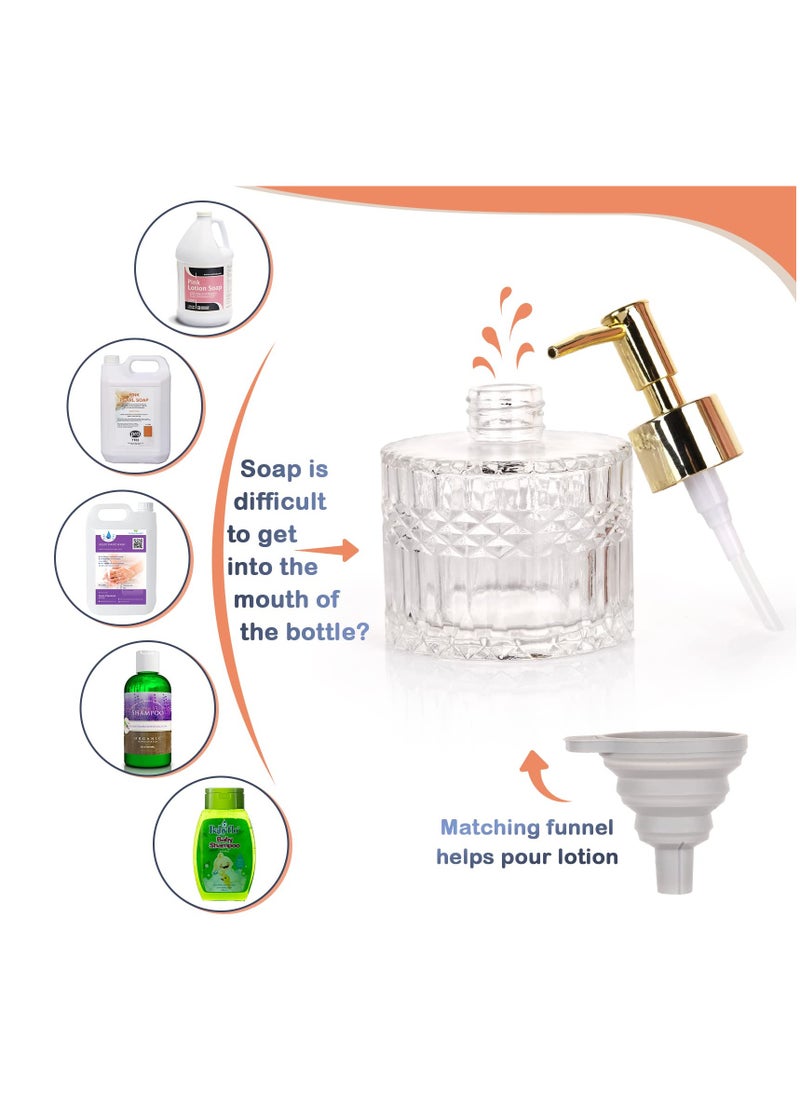 SYOSI Glass Soap Dispenser, Hand Soap Dispenser, Soap Dispenser Bathroom with Telescoping Funnel for Kitchen Dish Soap, Hand Soap, Essential Oil & Lotion (Round Gold)  - Image 5