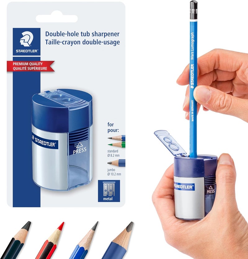STAEDTLER Double Hole Pencil Sharpener - Metal, Blue, for Standard & Jumbo Pencils - Image 1
