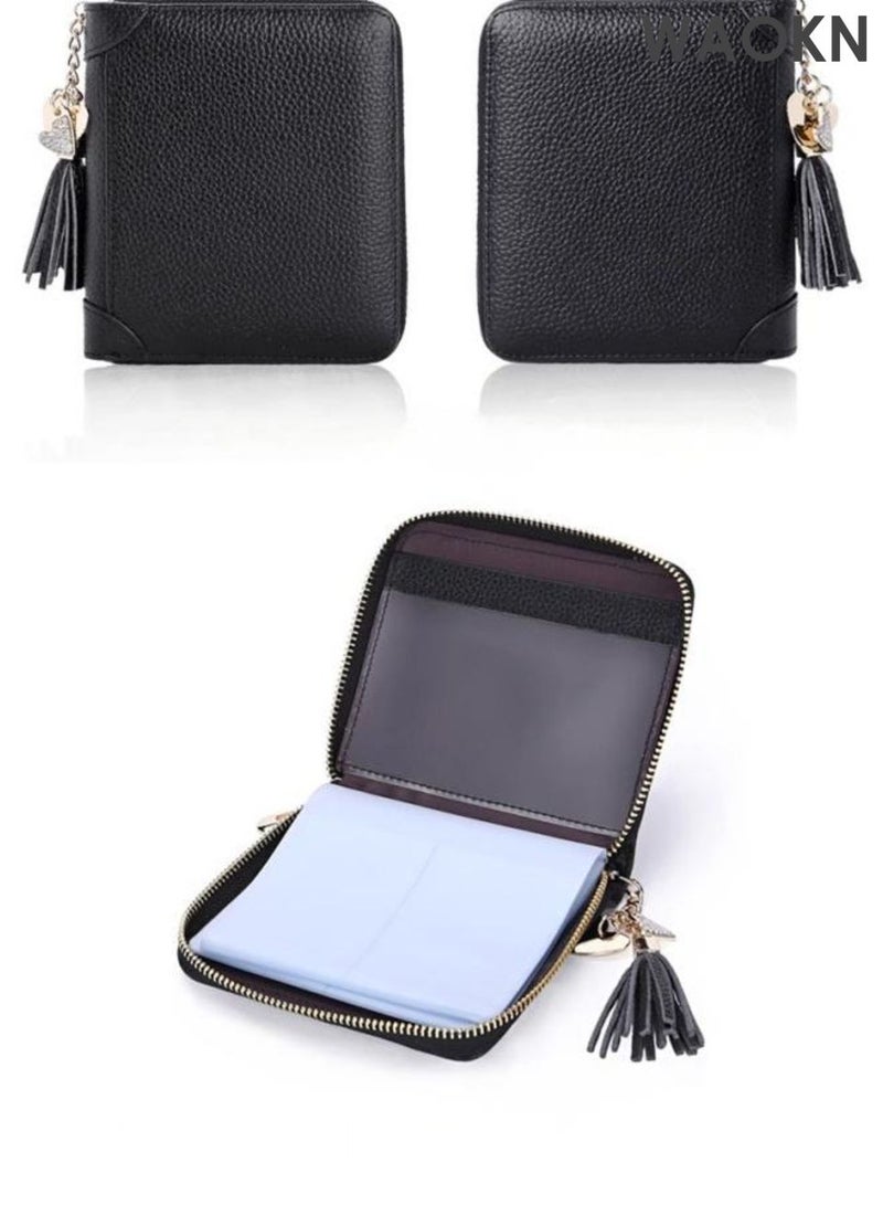 WAOKN Unisex cowhide leather card bag, anti fading magnetic card bag with large storage capacity, compact and exquisite card bag with zipper, can store driver's license, designed to be trendy and versatile, fashionable and retro (black). - Image 3