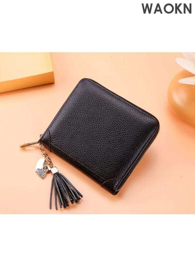 WAOKN Unisex cowhide leather card bag, anti fading magnetic card bag with large storage capacity, compact and exquisite card bag with zipper, can store driver's license, designed to be trendy and versatile, fashionable and retro (black). - Image 1