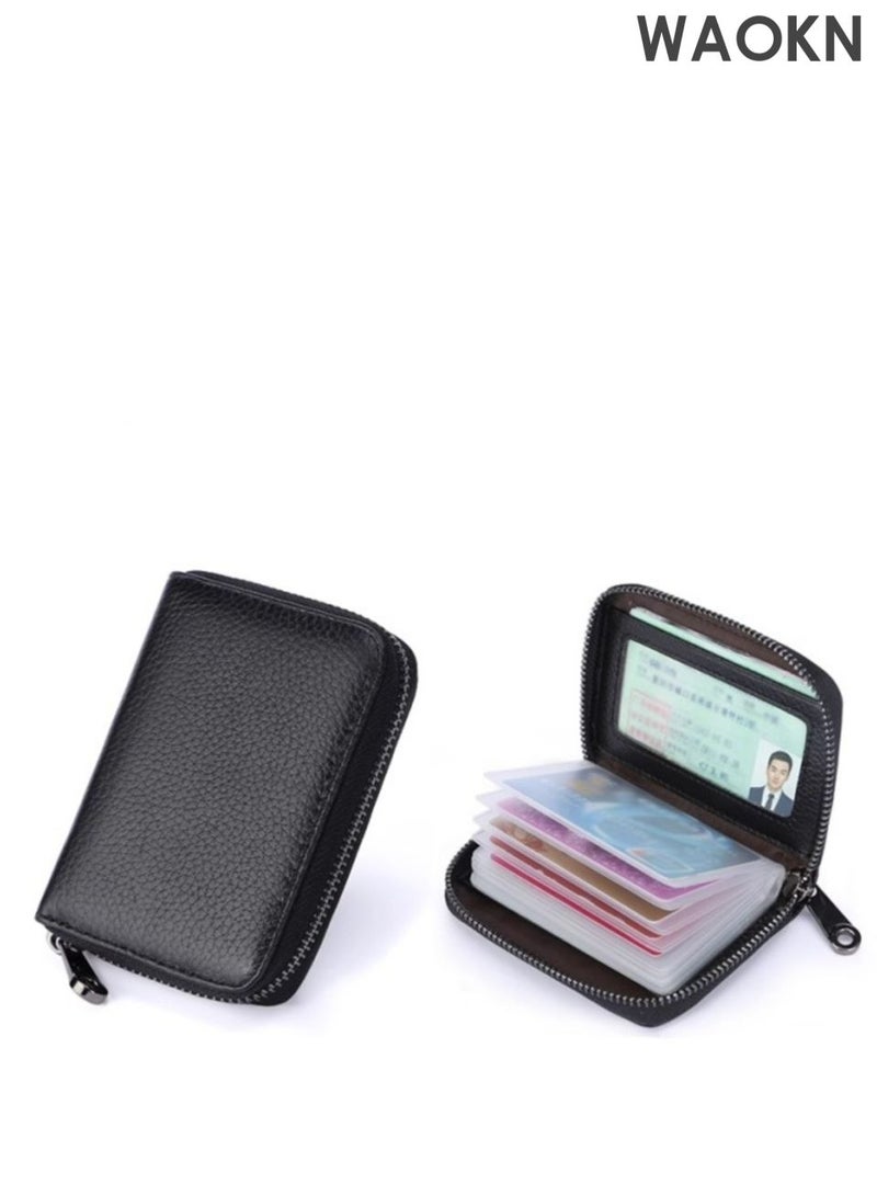 WAOKN Unisex cowhide leather card bag, anti fading magnetic card bag with large storage capacity, compact and exquisite card bag with zipper, can store driver's license, designed to be trendy and versatile, fashionable and retro (black). - Image 2