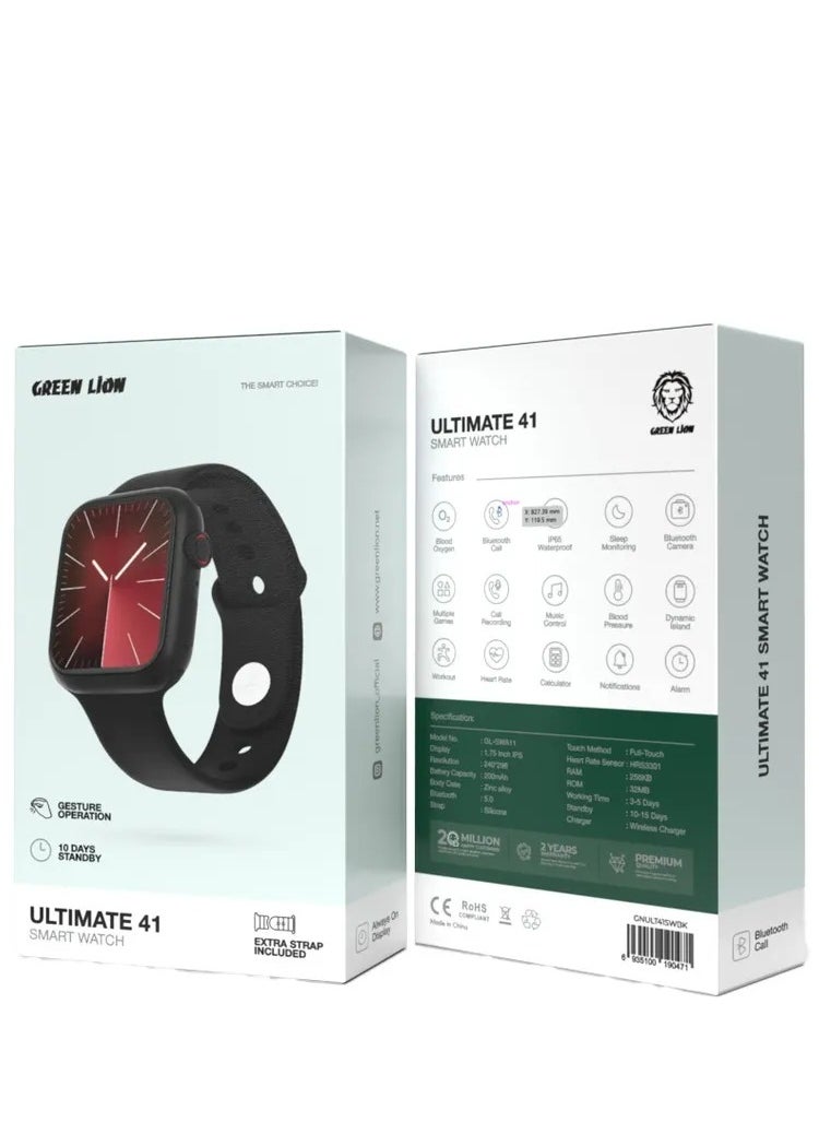 GREEN LION Ultimate 41 Smart Watch 1.75Inch IPS Display Full-Touch / Gesture Operation / Always on Display / Bluetooth Call / Music control / Blood Oxygen / Blood Pressure / Heart Rate / Multiple Games - Black  - Image 2