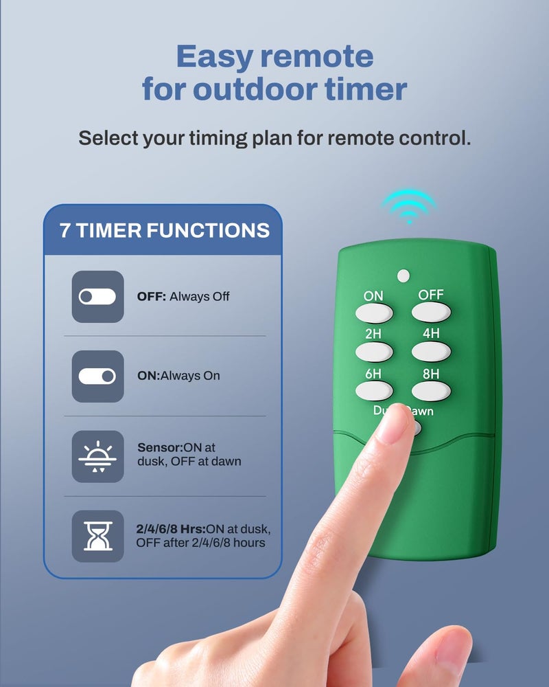 BN-LINK Outdoor Power Stake Timer, 100FT Wireless Remote Control, Dusk to Dawn Sensor for Outdoor Lights, 6 Grounded Outlets, 6ft Extension Cord, 1875W/15A,Christmas Decorations, ETL Listed - Image 2