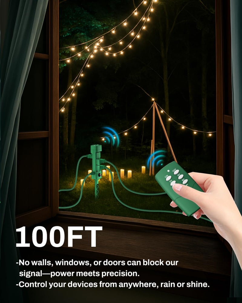 BN-LINK Outdoor Power Stake Timer, 100FT Wireless Remote Control, Dusk to Dawn Sensor for Outdoor Lights, 6 Grounded Outlets, 6ft Extension Cord, 1875W/15A,Christmas Decorations, ETL Listed - Image 4