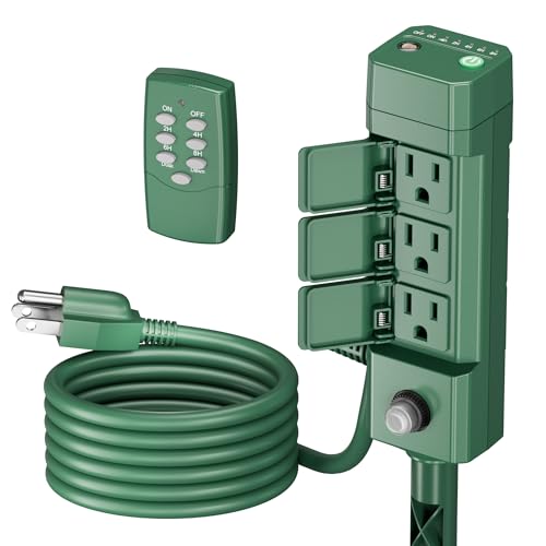 BN-LINK Outdoor Power Stake Timer, 100FT Wireless Remote Control, Dusk to Dawn Sensor for Outdoor Lights, 6 Grounded Outlets, 6ft Extension Cord, 1875W/15A,Christmas Decorations, ETL Listed - Image 1