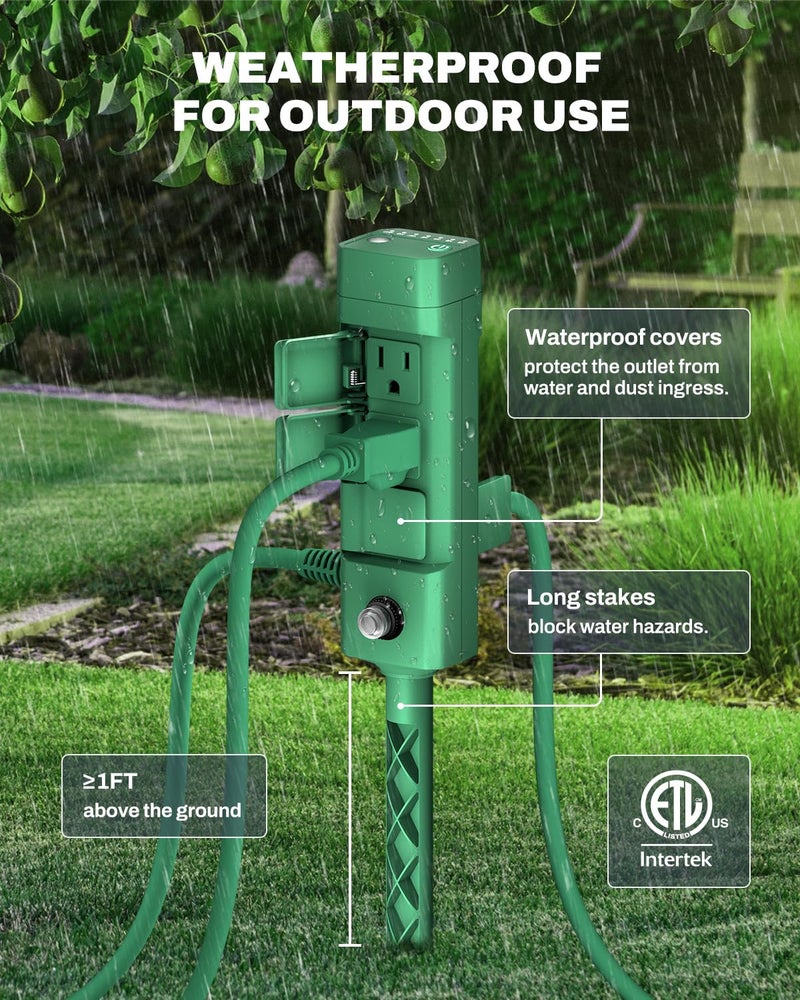 BN-LINK Outdoor Power Stake Timer, 100FT Wireless Remote Control, Dusk to Dawn Sensor for Outdoor Lights, 6 Grounded Outlets, 6ft Extension Cord, 1875W/15A,Christmas Decorations, ETL Listed - Image 5