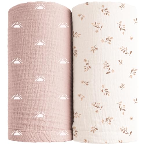Konssy Muslin Swaddle Blankets for Girls Boys 2 Pack Receiving Baby Blanket Large 47 x 47 inches Soft Breathable Swaddling Wrap for Unisex Newborn Pink SunKhaki Leaf - Image 1
