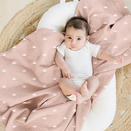 Konssy Muslin Swaddle Blankets for Girls Boys 2 Pack Receiving Baby Blanket Large 47 x 47 inches Soft Breathable Swaddling Wrap for Unisex Newborn Pink SunKhaki Leaf - Image 3