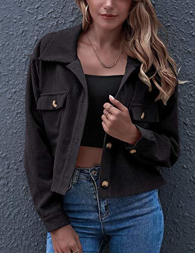 Gihuo Women's Fashion Cropped Shacket Button Down Corduroy Shacket Jackets Casual Plaid Long Sleeve Crop Jackets Tops (Black-S) - Image 3