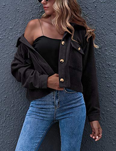 Gihuo Women's Fashion Cropped Shacket Button Down Corduroy Shacket Jackets Casual Plaid Long Sleeve Crop Jackets Tops (Black-S) - Image 2