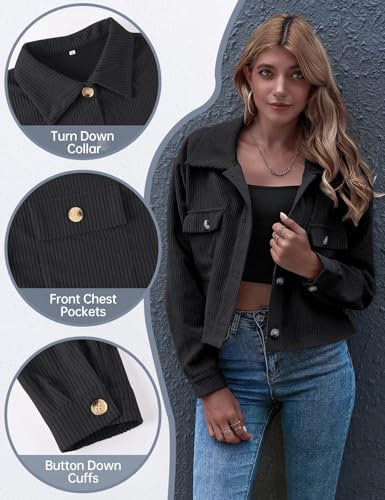 Gihuo Women's Fashion Cropped Shacket Button Down Corduroy Shacket Jackets Casual Plaid Long Sleeve Crop Jackets Tops (Black-S) - Image 4